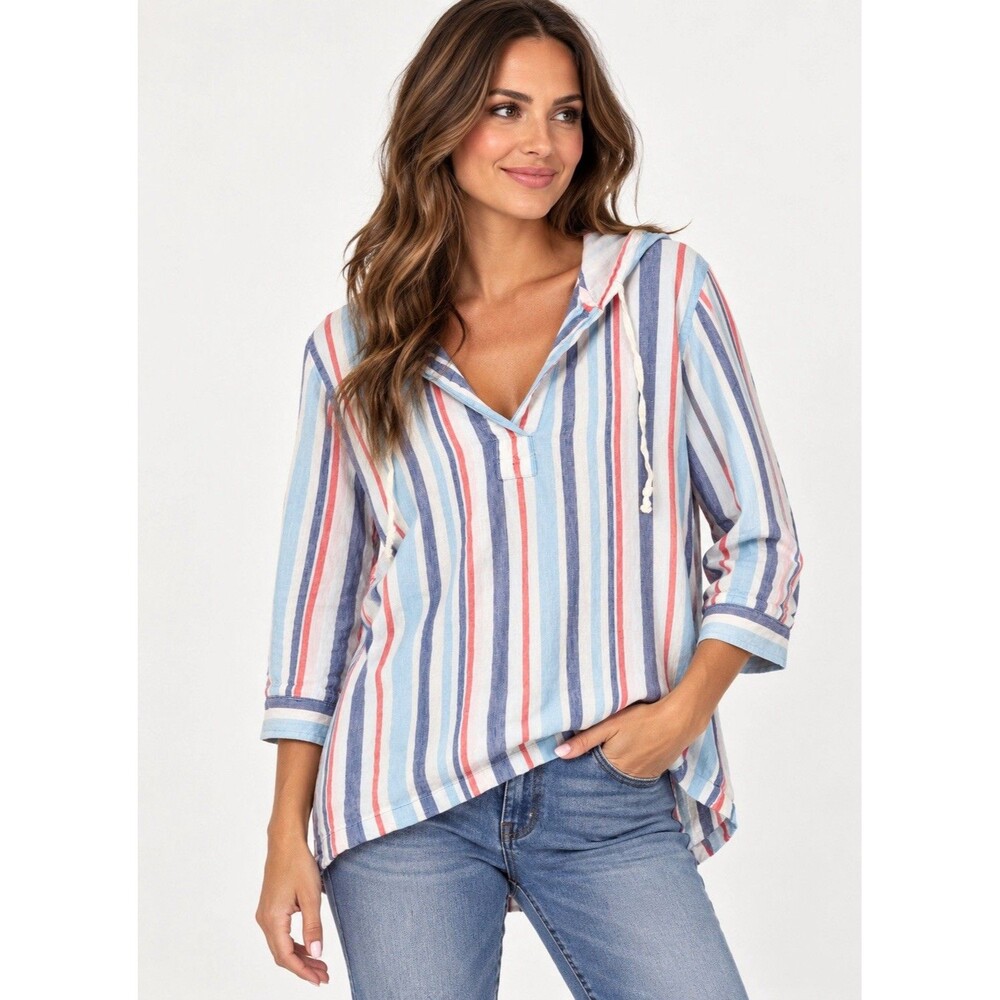 L.L.Bean Womens Coastal Grandma Striped Linen Hoodie Pullover Tunic Top Sz L